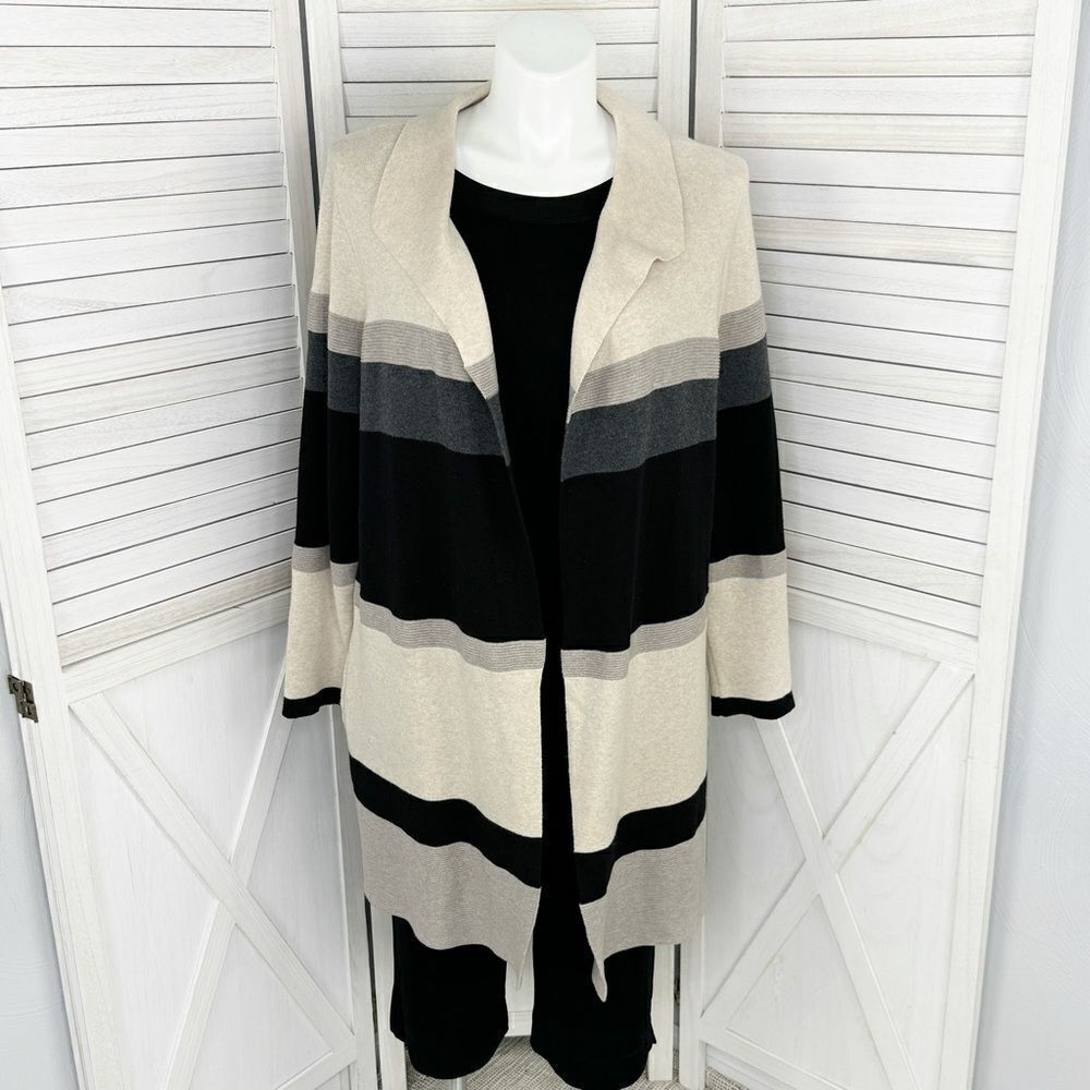 Chico's Zenergy Cardigan Sweater Striped Colorblock Cotton Cashmere Tan Black XL
